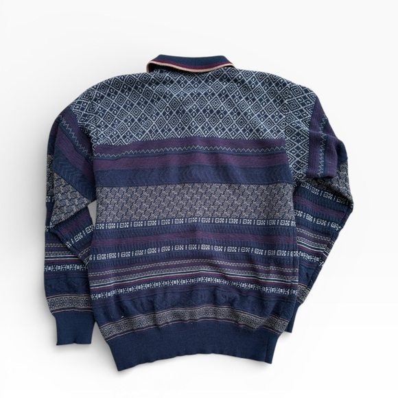 VTG Arnold Palmer Men’s Medium Knit Polo Sweater Navy Geometric Grandpa Core - Picture 2 of 9